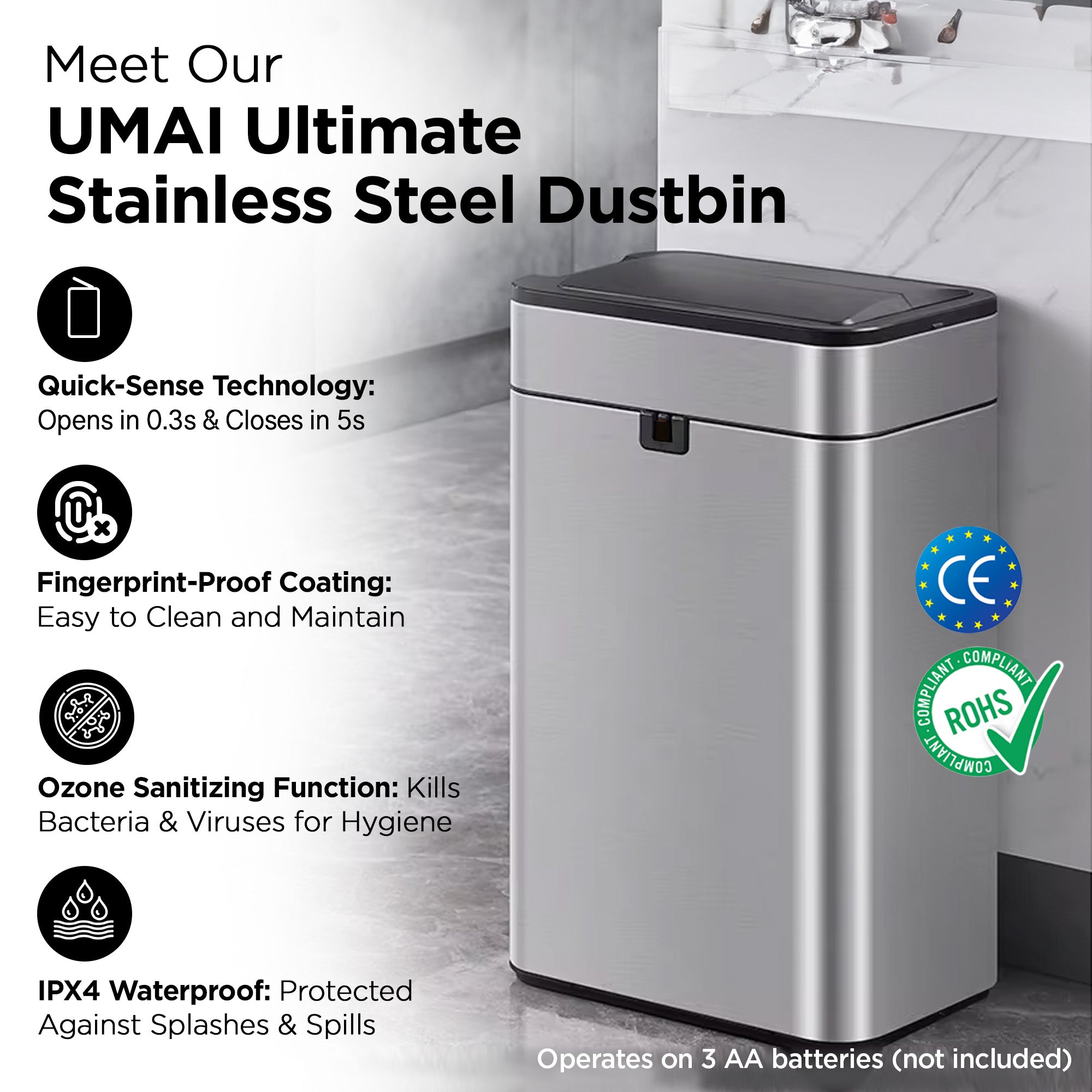 UMAI sturdy stainless steel dustbin - family use
