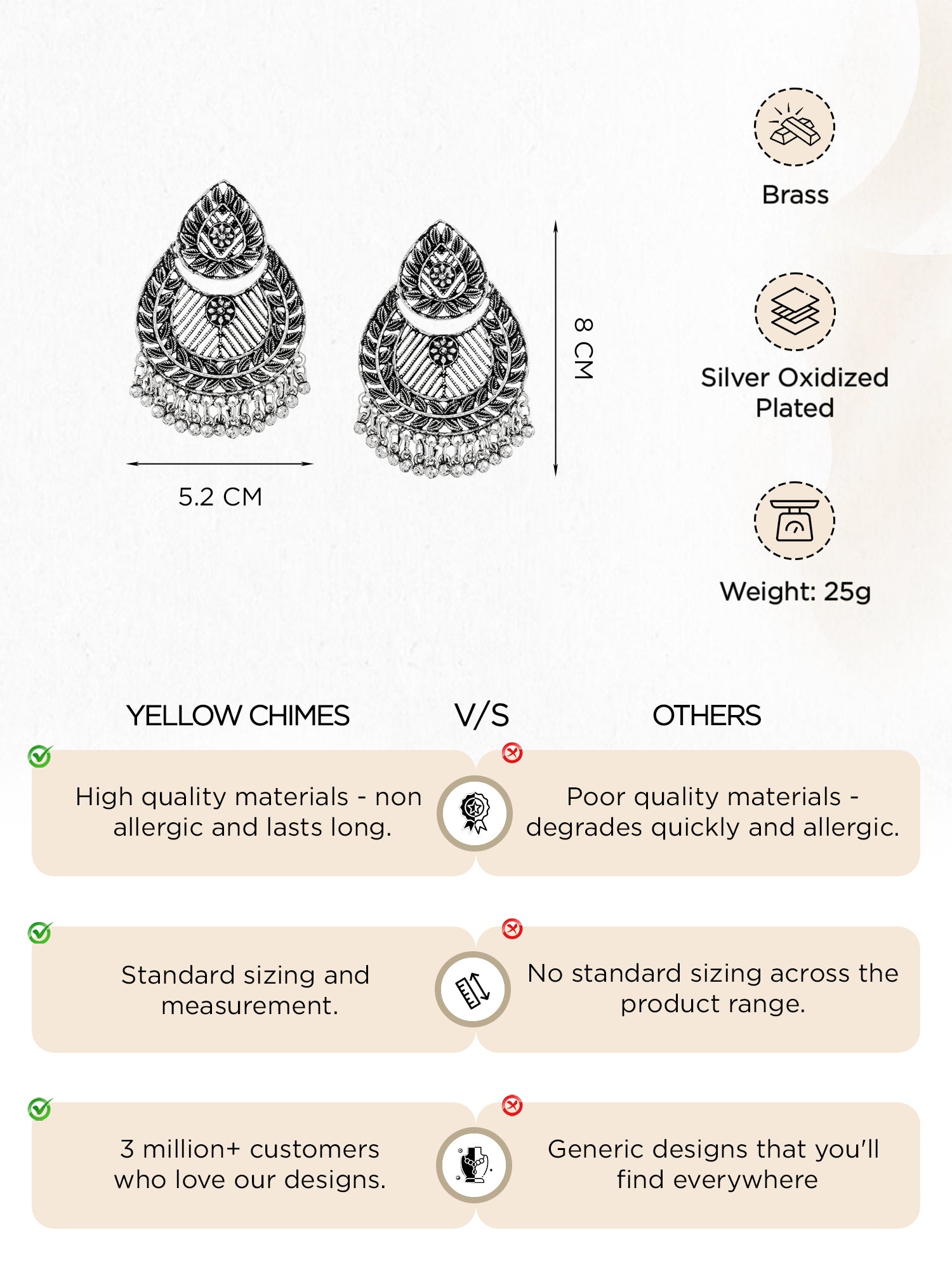 Yellow Chimes silver oxidised plated earrings - elegant party wear