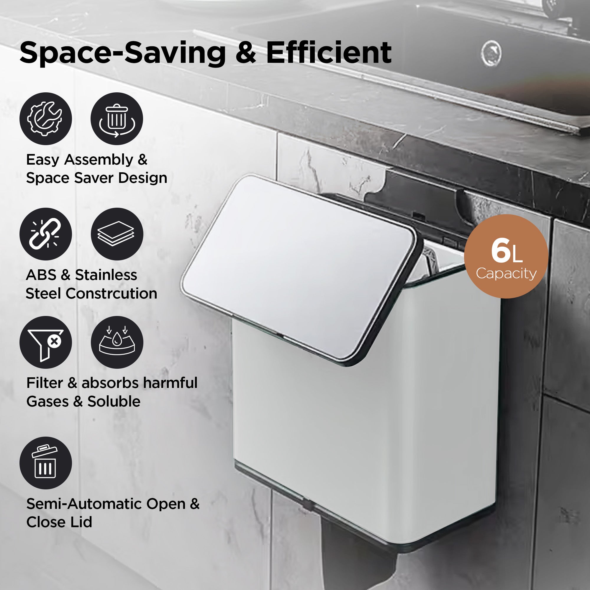 UMAI 6L Hanging Steel Dustbin - stylish silver design