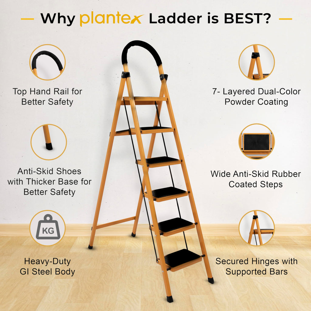 Plantex Premium GI Steel Foldable 6-Step Ladder for Home -Wide Anti ...