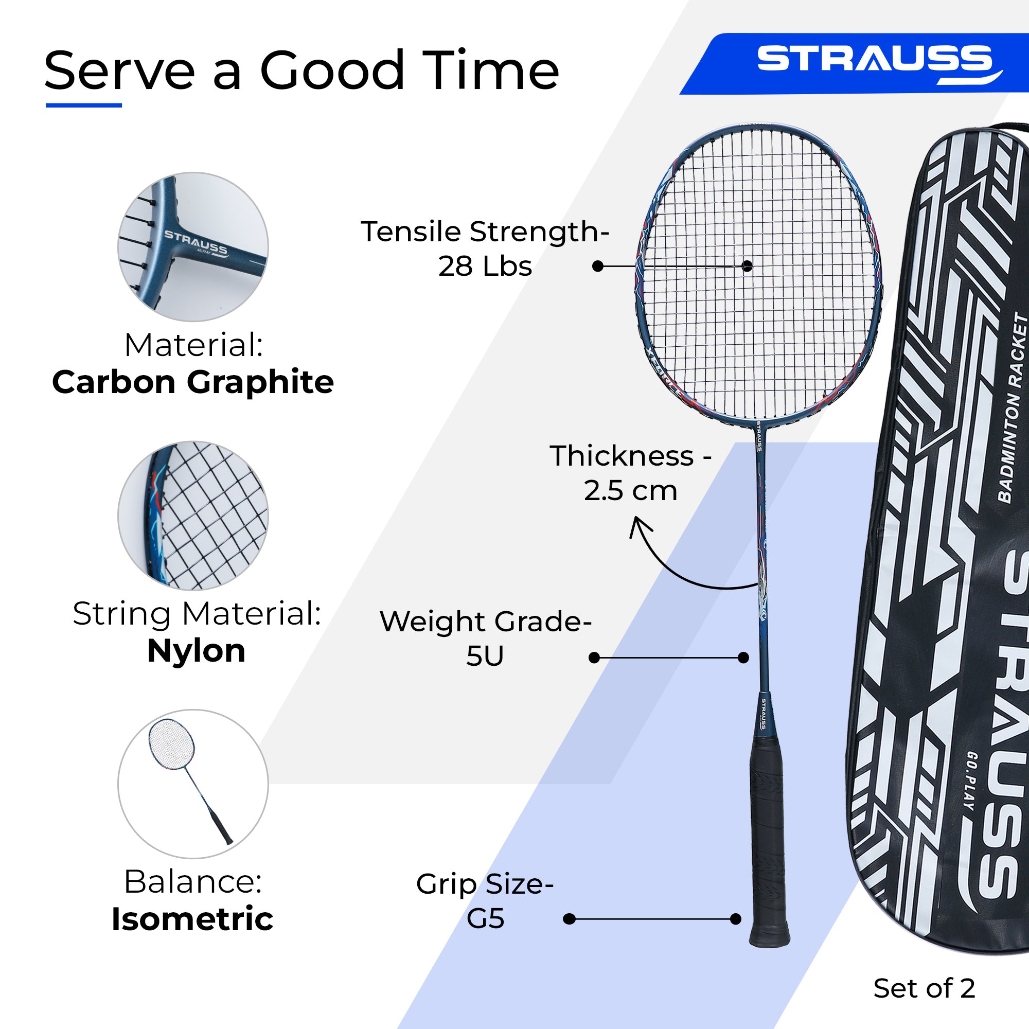 Strauss Sports carbon graphite racket - comfortable grip for precise shots