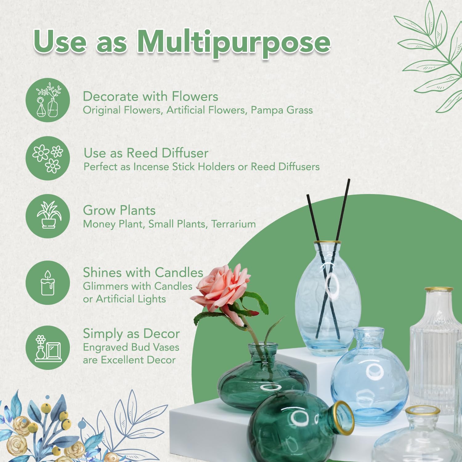 Ekhasa clear green glass bud vase - home decor centerpiece