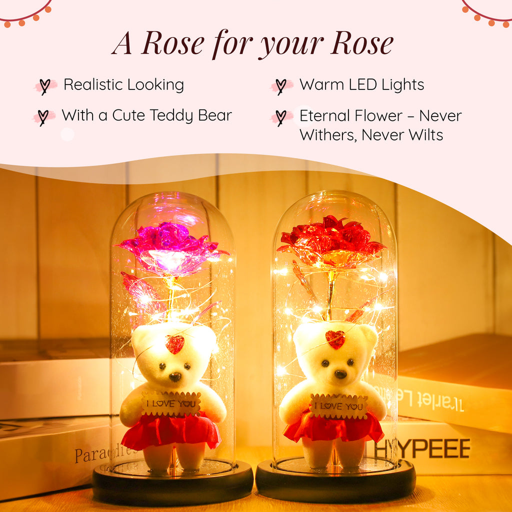 Buy Gleevers Pink Rose with Teddy Bear & LED in Glass Dome – GlobalBees ...