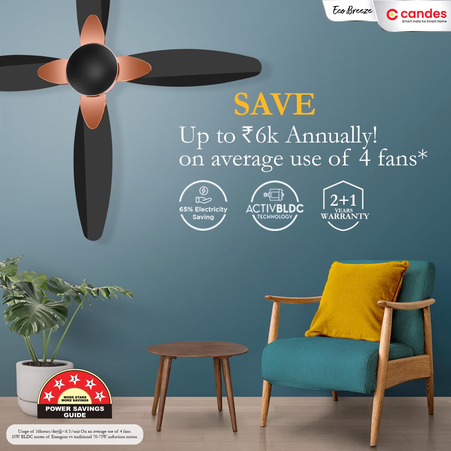 Candes EcoBreeze Ceiling Fan - Sleek Black Finish