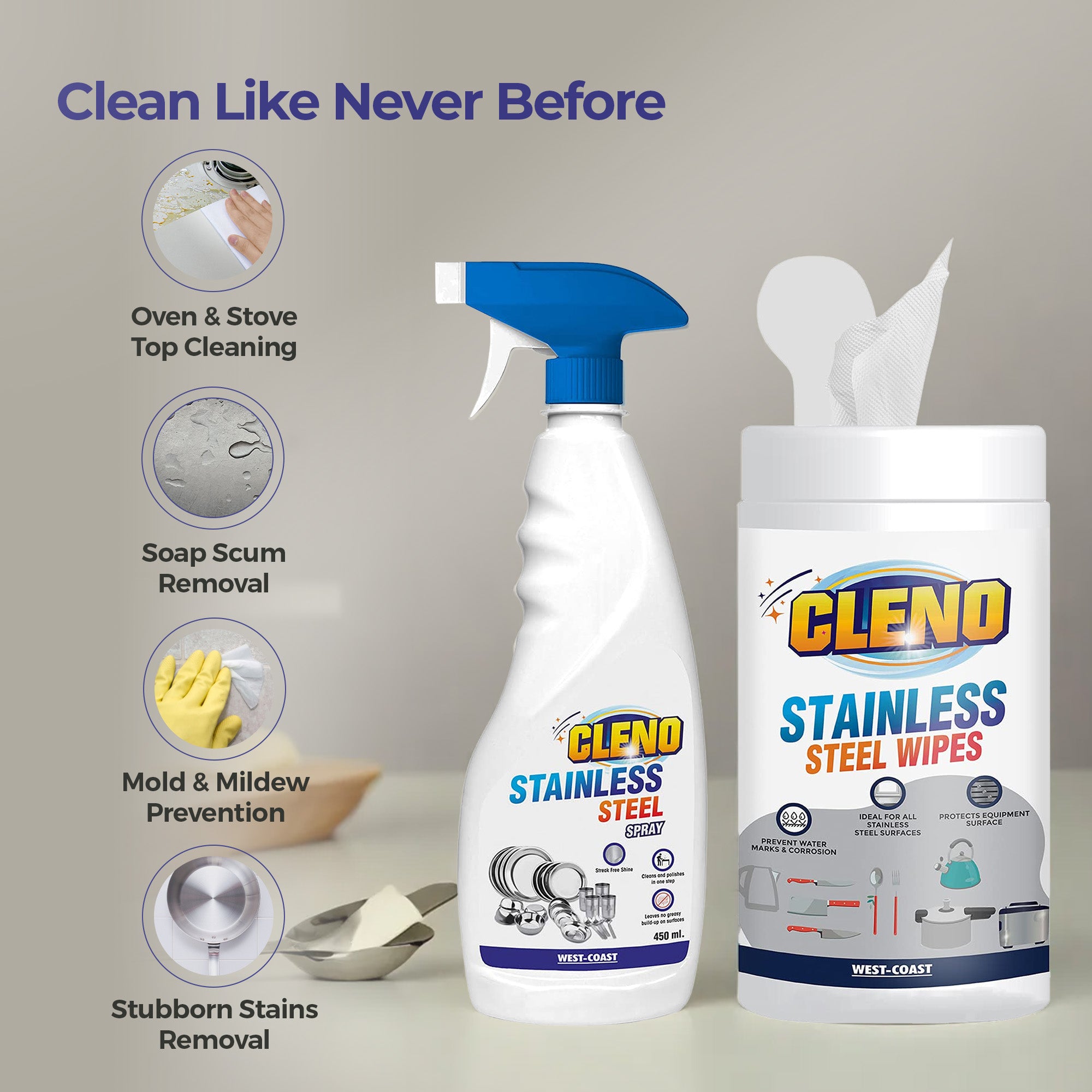 Cleno stainless steel cleaner spray - grease remover for kitchens