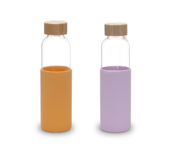 UMAI Borosilicate Glass Water Bottle with Sleeve 550ml | Non Slip Silicon Sleeve & Bamboo Lid | Fridge Water Bottle For Home & Office (Purple-Yellow, Pack of 2)