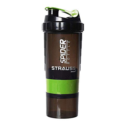 STRAUSS Spider Gym Shaker Bottle | Shakers for Protein Shake with 2 Storage Compartment | Leakproof Gym Protein Shaker for Post and Pre-Workout Drink | 100% BPA Free (500 ML, Pack of 1,Green)