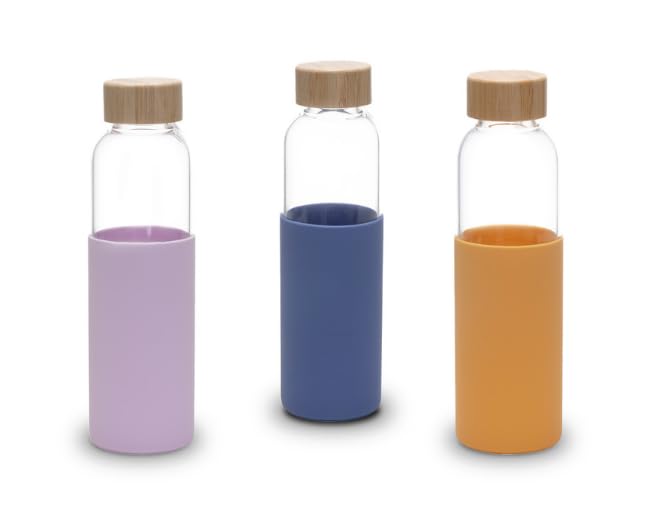 UMAI Borosilicate Glass Water Bottle with Sleeve 550ml | Non Slip Silicon Sleeve & Bamboo Lid | Fridge Water Bottle For Home & Office (Purple-Yellow-Blue, Pack of 3)