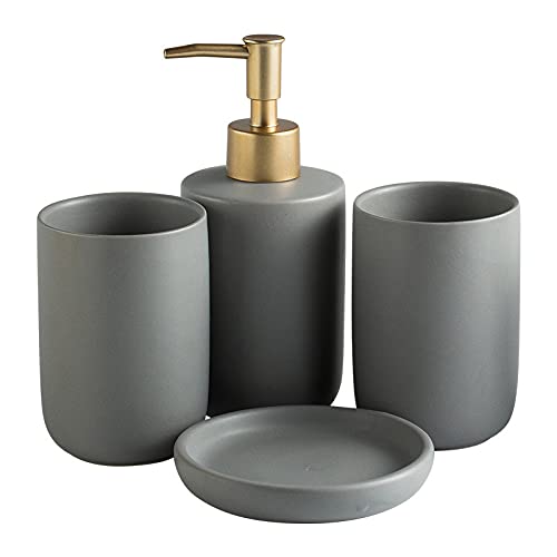 UMAI 4 Pcs Ceramic Bathroom Accessories Set - Tooth Brush Holder, Water Cup, Soap Dispenser, Soap Holder Dish for Bathroom (Grey)