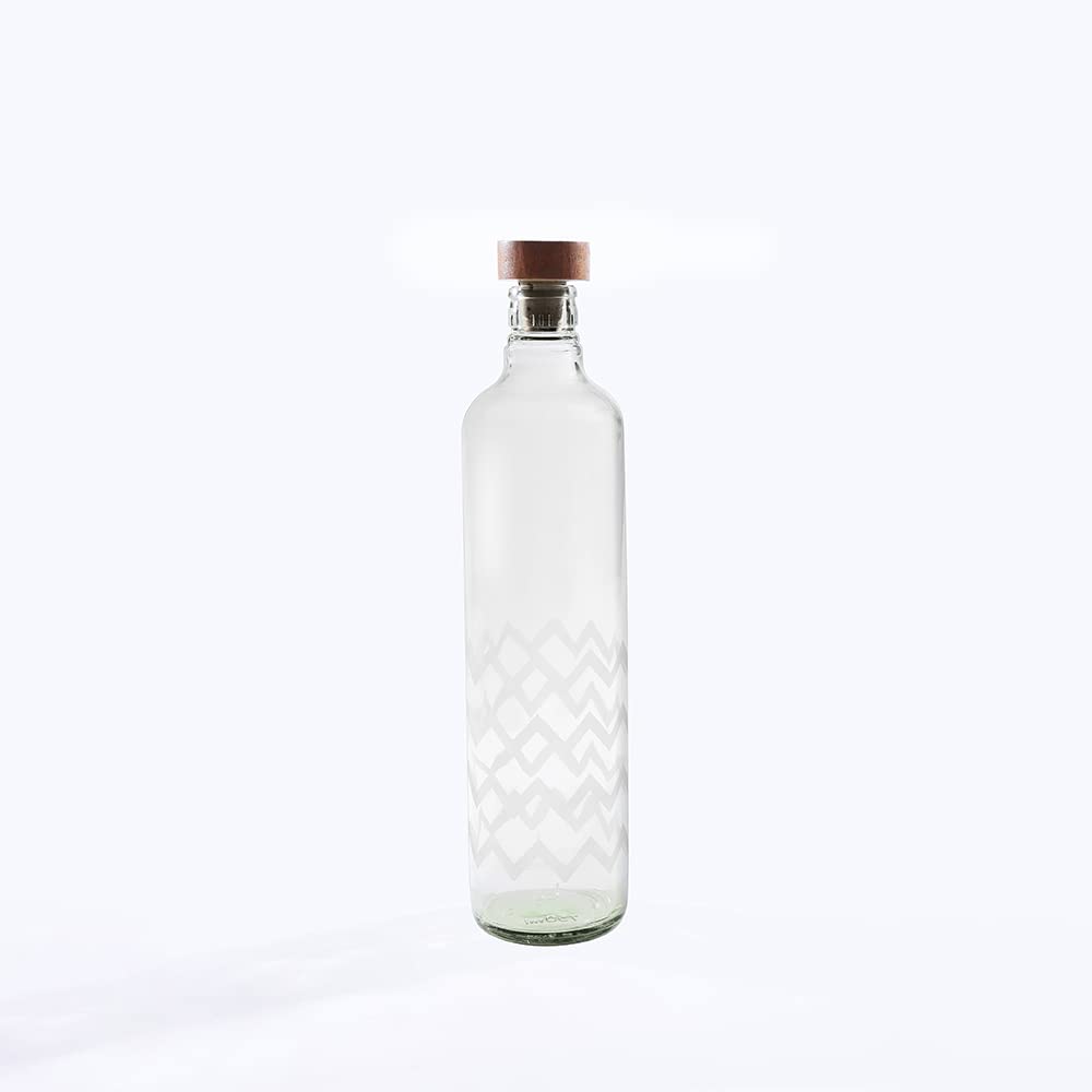 Ellementry frosted chevron glass bottle with brown wood stopper| 750 ml | Clear | Water Bottle | Milk Bottle | Juice Bottle | Cocktail Bottle | Handcrafted | Sustainable | Food Safe | Fusion |
