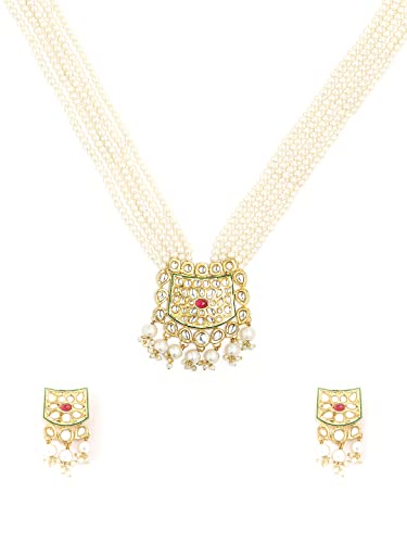 Yellow Chimes Traditional Jewellery Set for Women White Kundan Pearl Necklace Set Gold Plated Multilayered Jewellery Set for Women and Girls