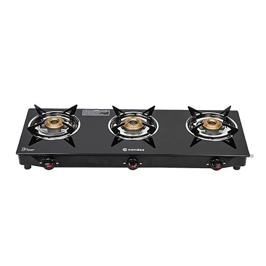 Candes Flame Glass Top Gas Stove, Manual Ignition, Black (ISI Certified with 12 Months Warranty (3 Burner)