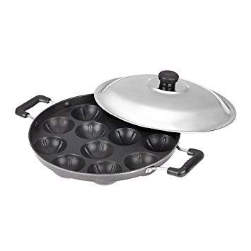 Kuber Industries Appam03 Heavy Weight Non-Stick 12 Appam Patra Side Handle with Lid, Black