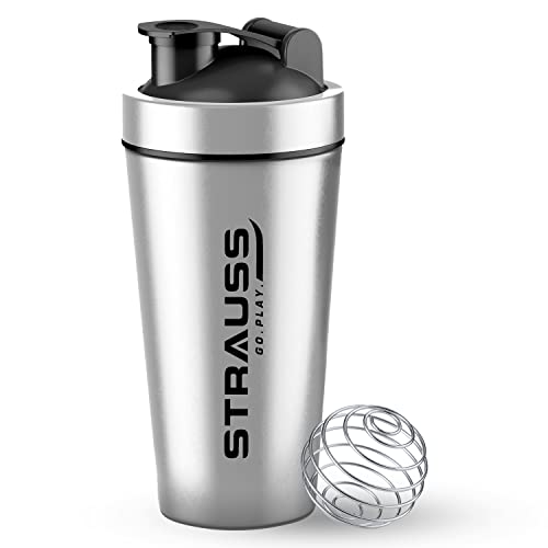 STRAUSS Stainless Steel Water Bottle for Pre-Post Workout | Protein Shaker Bottle With Blending Wheel | Leakproof with Knob (900ml | Silver | Set of 1)