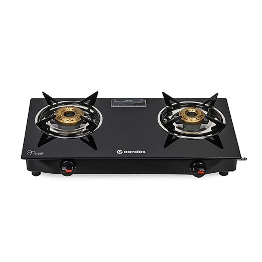 Candes Flame Glass Top Gas Stove | Manual Ignition, Black (ISI Certified With 12 Months Warranty (2 Burner)