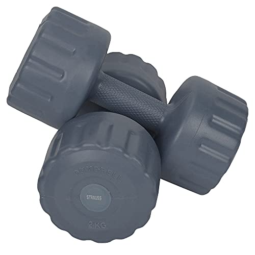 Strauss Unisex PVC Dumbbells Weight for Men & Women | 2Kg (Each)| 4Kg (Pair) | Ideal for Home Workout and Gym Exercises (Grey)