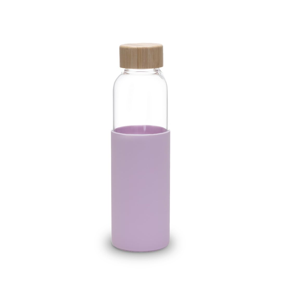 UMAI Borosilicate Glass Water Bottle with Sleeve 550ml | Non Slip Silicon Sleeve & Bamboo Lid | Fridge Water Bottle For Home & Office (Purple)