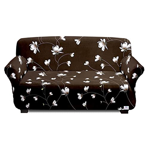 Heart Home Flower Printed Polyster Stretchable 3 Seater Sofa Cover for Home, Office, Hotels with Foam Stick (Brown)-50HH01416