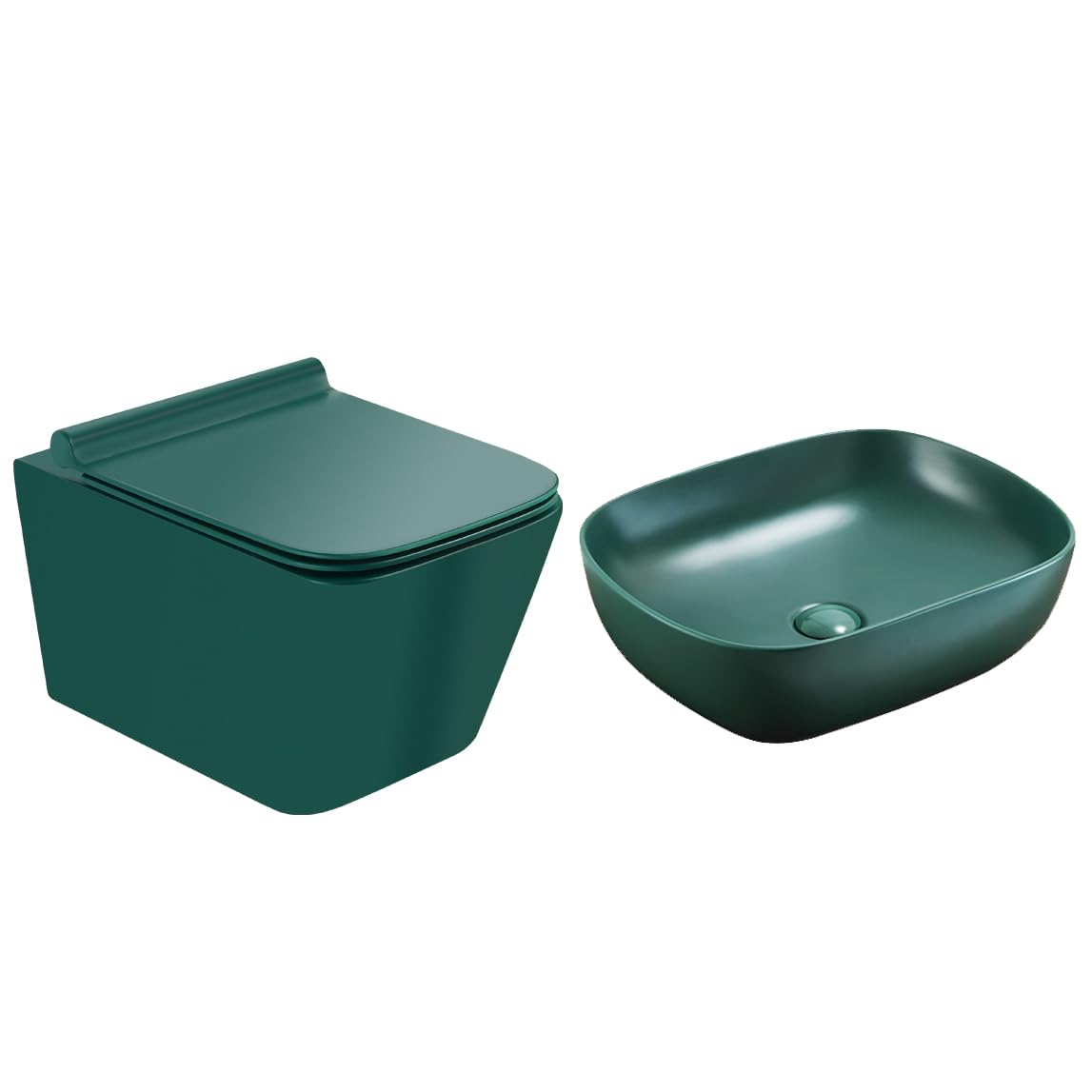 Plantex Aqua Green Ceramic Rimless One Piece Wall-Mount Western Toilet with Rounded Square Ceramic Basin-Combo