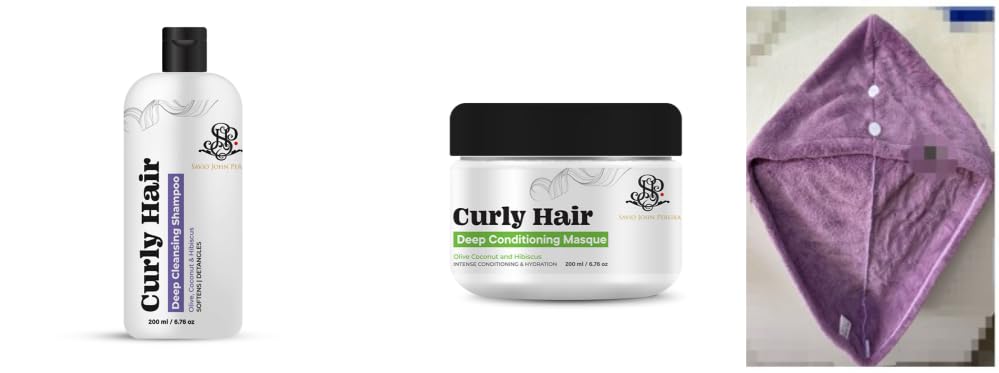 Complete Curly Hair Routine - Curly Hair Shampoo, Mask & Microfiber Hair Towel Wrap (Lavender) | Enriched with Olive Oil, Shea Butter, Avocado Oil | By Bollywood Hair Stylist Savio John Pereira