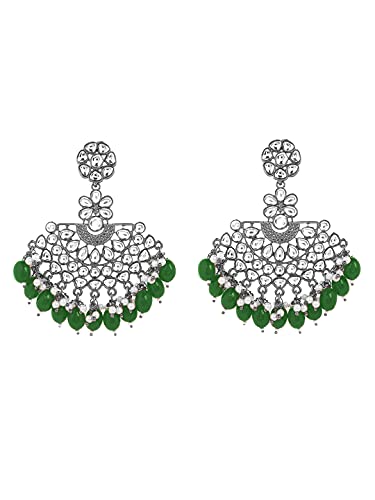 Yellow Chimes Ethnic Silver Oxidised Floral Design Kundan Studded Beads Chandbali Earrings for Women and Girls Design 2