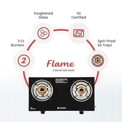 Candes Flame Glass Top Gas Stove | Manual Ignition, Black (ISI Certified With 12 Months Warranty (2 Burner)