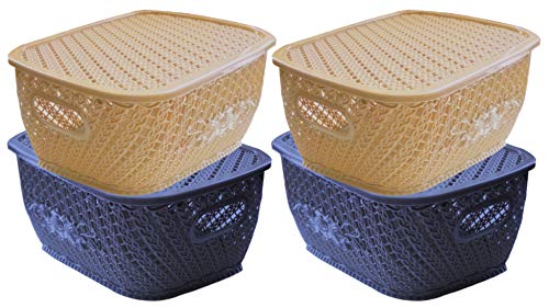 Kuber Industries Plastic 4 Pieces Small Size Multipurpose Solitaire Storage Basket for Kitchen, Office, Bedroom, Bath Room with Lid (Grey & Cream) CTKTC34299