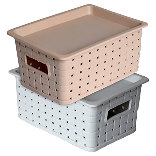 Kuber Industries BPA Free Attractive Design Multipurpose Large Trendy Storage Basket With Lid|Material-Plastic|Color-Gray,Beige|Pack of 2