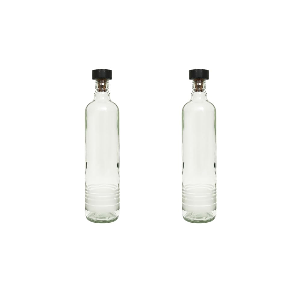 Ellementry Frosted Rings Glass Bottle with Cork (750 ML)| Water and Milk Bottle for Fridge | Clear and Transparent Bottles for Home & Office | BPA Free | Stylish & Premium Wine Bottle- Set of 2
