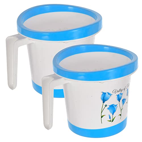 Kuber Industries Floral Print Plastic Bathroom Mug 1 Litre Pack of 2-46KM0169, Blue & White, Standard