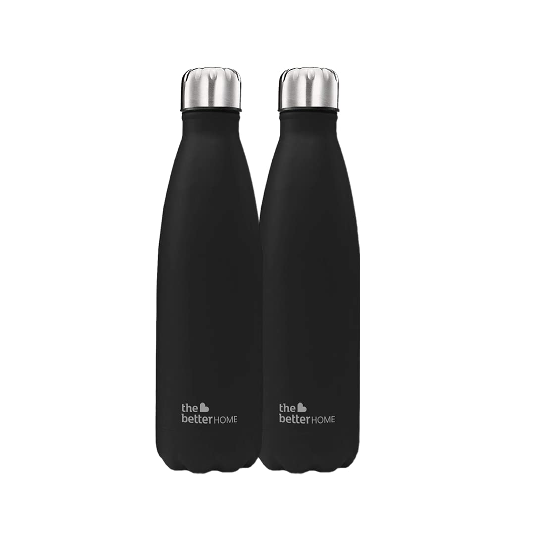 The Better Home Pack of 2 500 ml Thermosteel Bottle | Doubled Wall 304 Stainless Steel | Stays Hot for 18 Hrs & Cold for 24 Hrs | Leakproof | Insulated Water Bottles for Office, Travel | Black