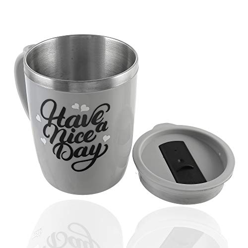 Kuber Industries Have A Nice Day Unicorn Tea Coffee Time Unbreakable hot Insulated Double Wall Plastic Stainless Steel Tea,Coffee/Milk Mug with Sipper lid for Kids and Adults (Grey)