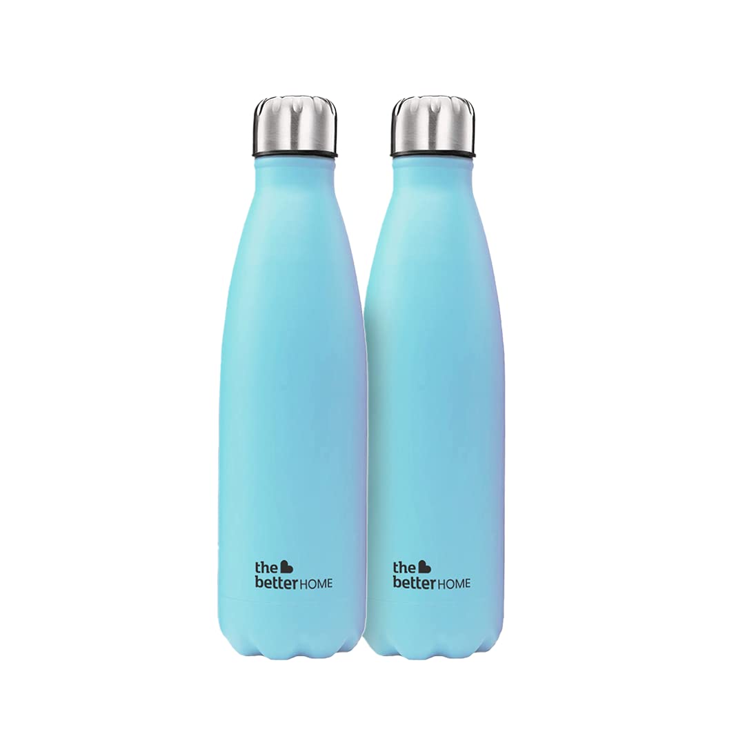 The Better Home 500 Stainless Steel Insulated Water Bottle 500ml | Thermos Flask 500ml | Hot and Cold Steel Water Bottle 500ml (Pack of 2, Blue)