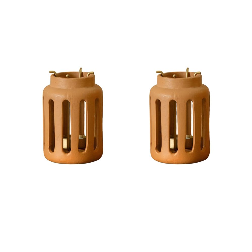 Ellementry Lupa Round Terracotta Lantern (Small) Set of 2 | Candle Tealight Holder for Balcony and Garden | Hanging Lamps for Home Decoration | Lalten for Vintage Christmas Decor and Corporate Gifts