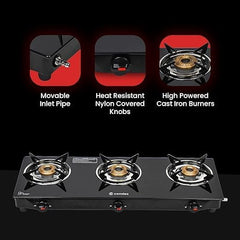 Candes Flame Glass Top Gas Stove, Manual Ignition, Black (ISI Certified with 12 Months Warranty (3 Burner)