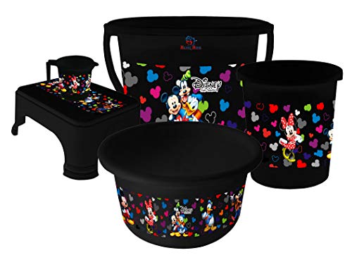 Heart Home Disney Team Mickey Print Plastic Bathroom Set of 5 Pieces with Bucket, Tub, Stool, Dustbin & Mug (Black)-HEARTHS15273 -HS_35_HEARTHS17527