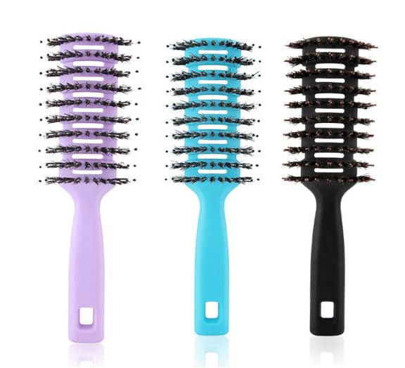 UMAI Round Vented Hair Brush for Quick Drying & Pain Free Detangling | Smoothens | Stylish design | Flexible Nylon Bristles | Suitable for all Hair types (Black-Purple-Blue, Pack of 3)