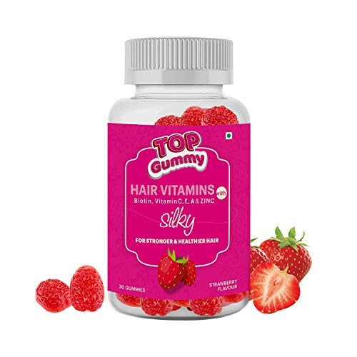 Top Gummy Hair Vitamins with Biotin, Vitamin C, E, A & Zinc - for Stronger and Healthier Hair , Skin & Nails - Antioxidants for Immunity - Gluten, Soy & Dairy Free - 30 Gummies (Strawberry Flavor) 30 Count (Pack of 1)