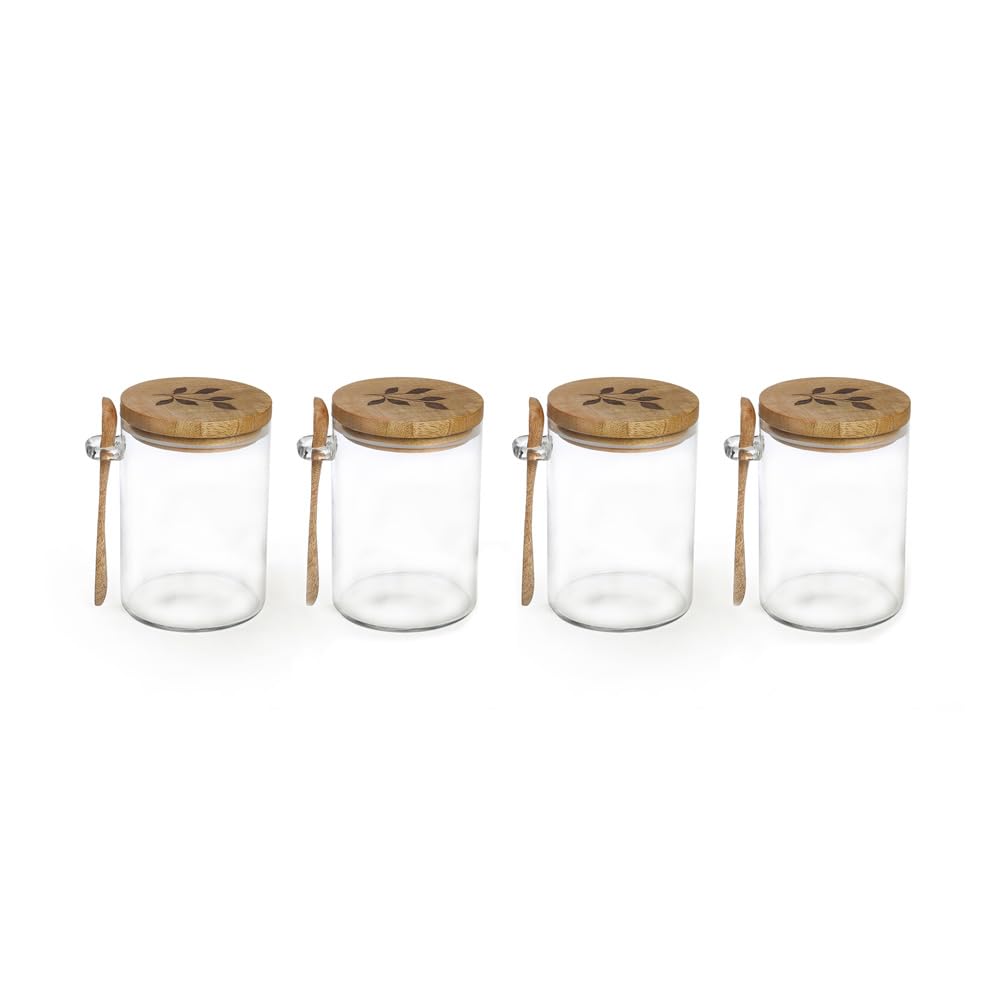 Ellementry Allora Glass Jar with Wooden Lid and Wooden Spoon (1250 ML) | Transparent and BPA Free | Kitchen Organizer | Multipurpose Jar | Grocery, Dry Fruit and Spice Storage Jars (Pack Of 4)
