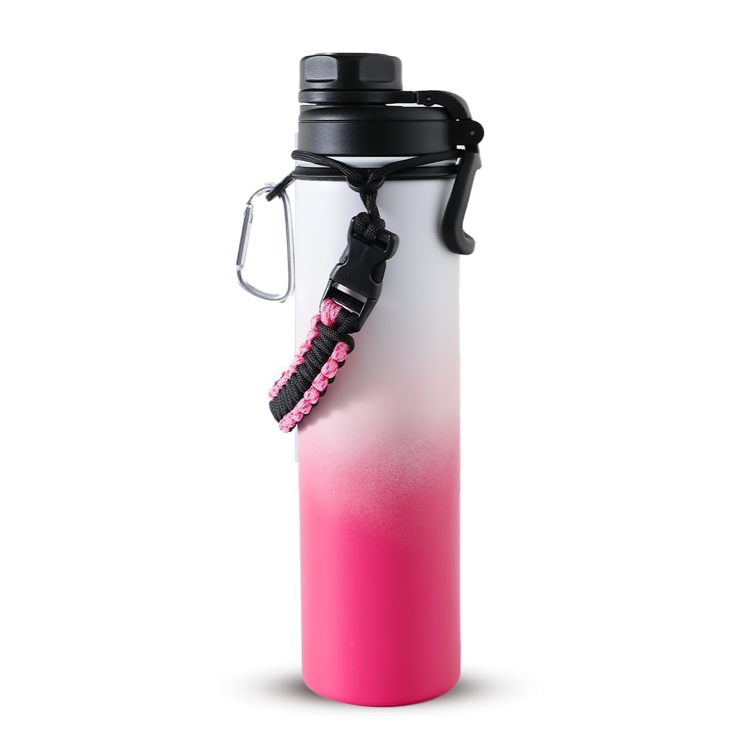 The Better Home Insulated Water Bottle for Gym Kids Office|Thermos Stainless Steel Vacuum Insulated Flask with Rope and Carabiner Hot Water Bottle for Boys and Girls | 1.2 Litre (Pink White)