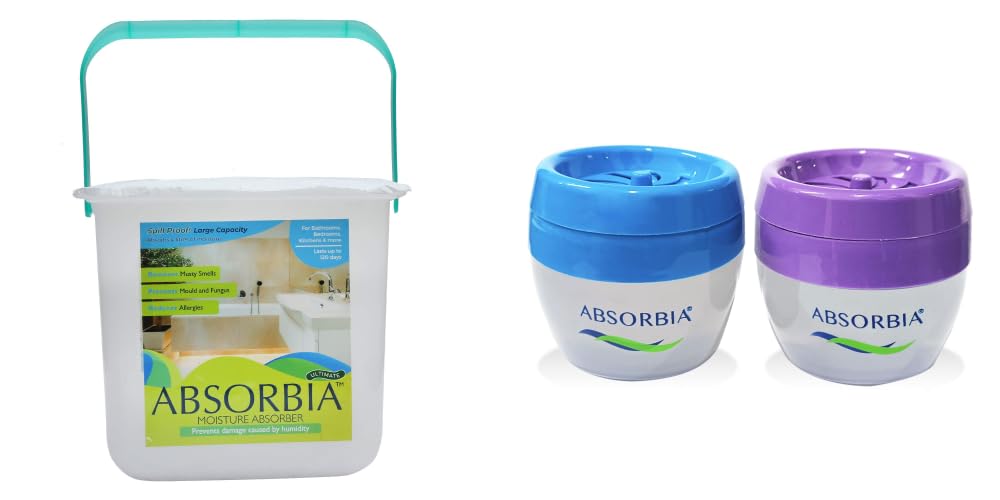 Absorbia Moisture Absorber Ultimate Bucket 2kgs, Dehumidifier for Large Space (Absobs upto 4L) and Aviator Car Gel Air Freshener - Pack of 2 (125g X 2) with fragrance of Blue Wave & Tropical Joy…