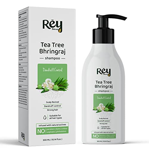 Rey Naturals Tea Tree Bhringraj Anti Dandruff Shampoo - With Natural Actives - Paraben & Sulphate Free - For a Clean & Healthy Scalp - Shampoo for Men and Women - 300 ML Tea Tree Bhringraj Shampoo