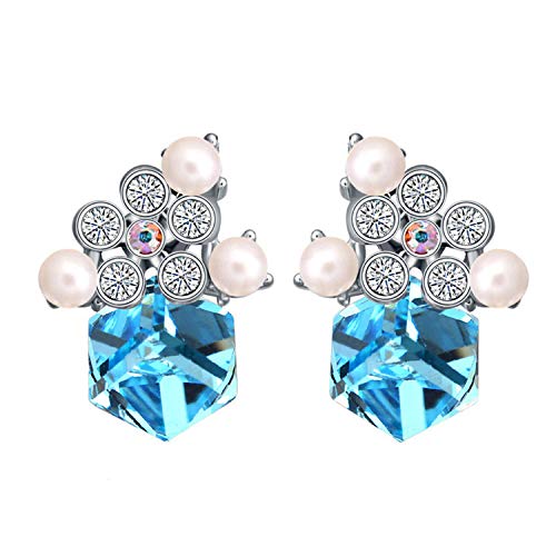 Yellow Chimes Crystals from Swarovski Platinum Plated Blue Cube Crystal Earrings for Women and Girls (Moonlight)