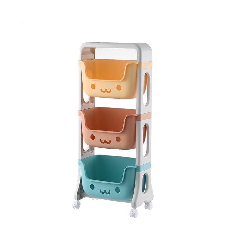 Kuber Industries 3 Layer Smiley Design Children's Storage Rack|Kids Toy Storage Organizer|3-Layer Rolling Cart|Multicolor|