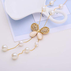 Yellow Chimes Golden Butterfly Opal and Pearl Long Chain Pendant Necklace for Women and Girls