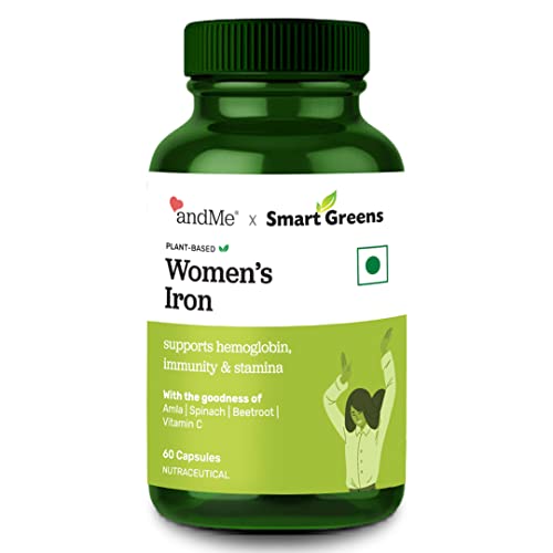 andMe Smart Greens Women‚Äôs Iron Capsules - Vegan & Plant Based Iron Supplement for Women - Natural Iron Tablets for Women with Ferrous Fumarate - Women Iron Tablets Boost Haemoglobin & Energy - 60 N