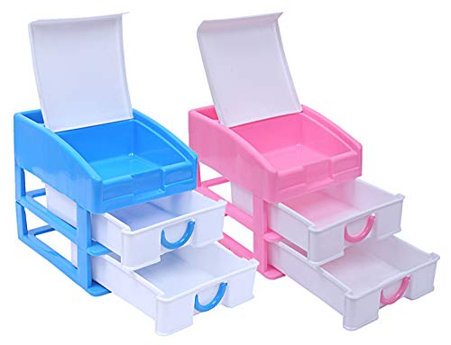 Kuber Industries Plastic 2 Pieces Three Layer Drawer Storage Cabinet Box (Pink & Blue)-CTKTC13131