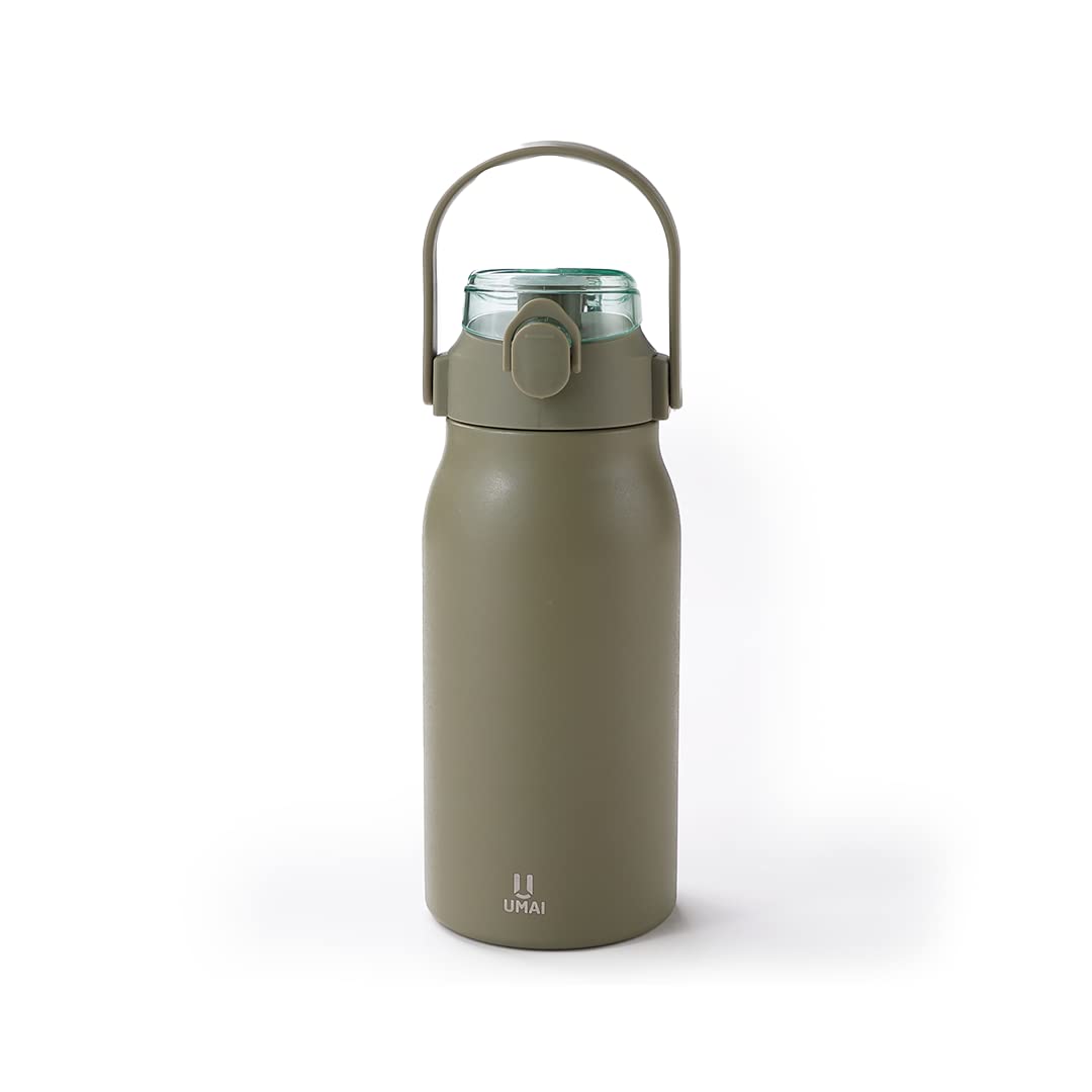 Umai Insulated Stainless Steel Bottle 1 Litre with Sipper Lid-Double Wall Vacuum Thermos | Leak Proof | Rust Proof | Keeps Drinks Hot/Cold for 6-12 Hours | Flip Up Handle | Easy to Carry (Green)