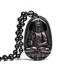 Yellow Chimes Exclusive D'Vine Collection Natural Black Obsidian Hand-Carved Healing Beads Natural Stones Reiki Buddha Long Pendant Necklace Men And Women (Unisex)