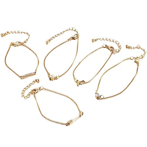Yellow Chimes Combo of 5 Pcs/Set Star Moon Arrow and Crystal Chain Gold Plated Charm Bracelet for Women and Girl's